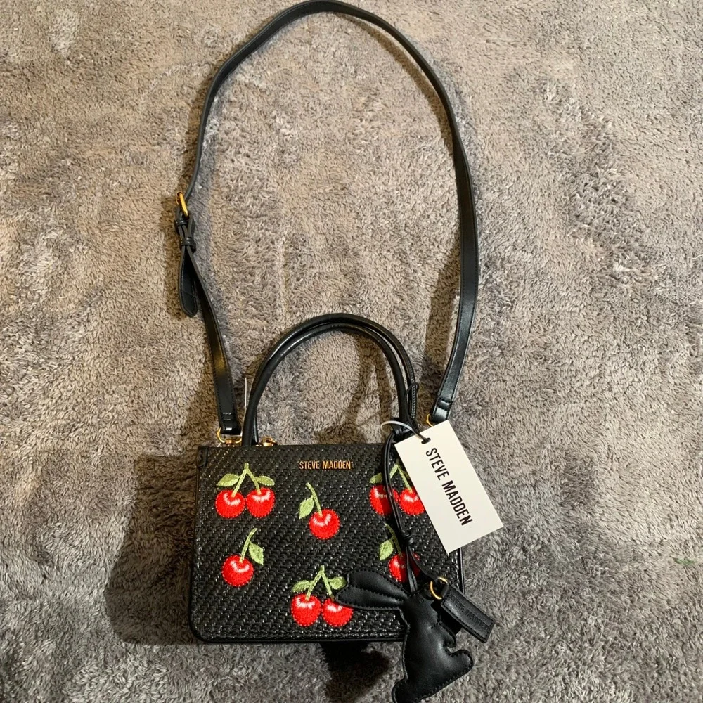 Steve Madden BCYAN Black Woven Cherry Embroidered Crossbody Bag New NWT DT627385